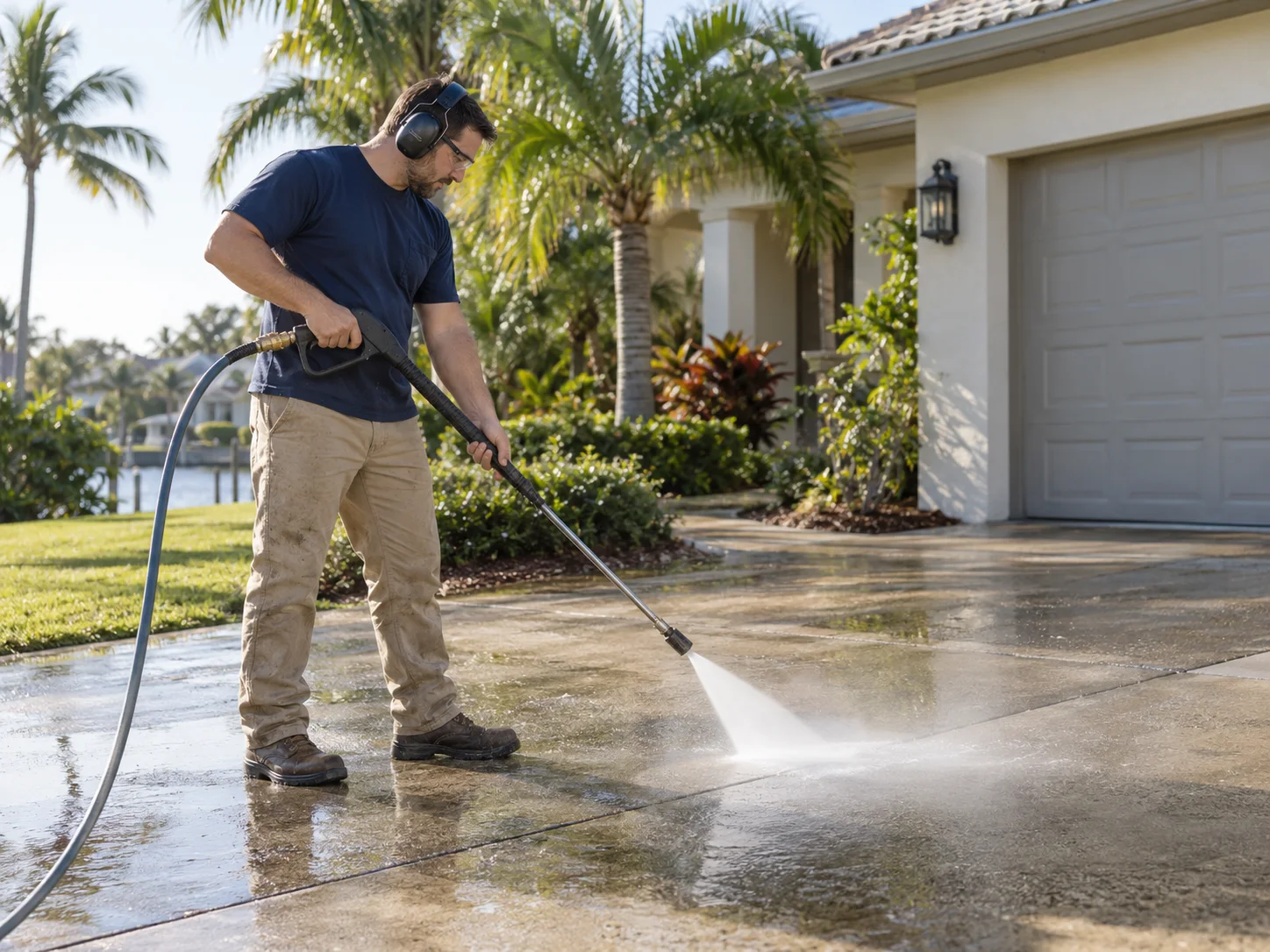Illustrative scene of a service professional pressure washing a driveway
